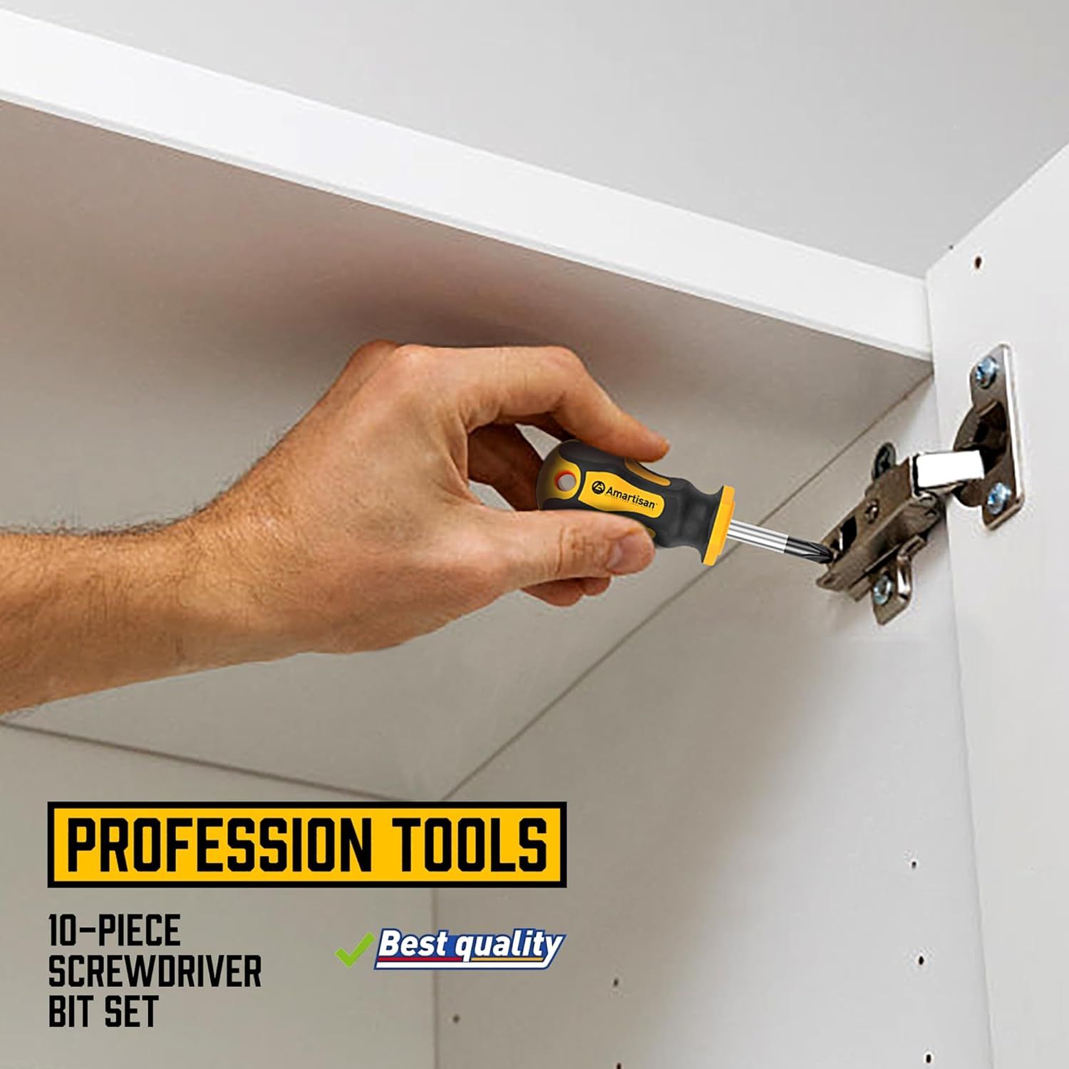 Demonstrates how to use the screwdriver set for cabinet hinge installation, showing the product in a practical real-world application to help shoppers understand its utility. Highlights the…