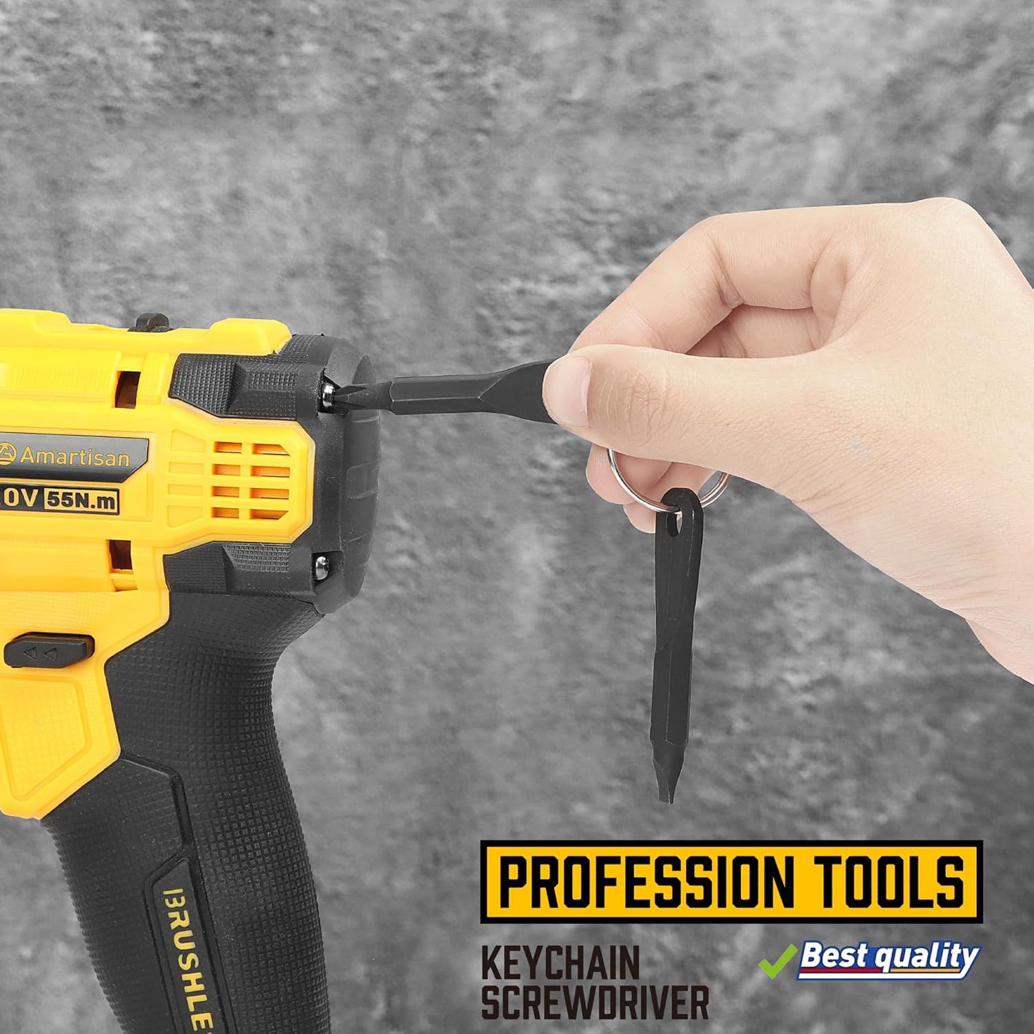 Highlights the compact keychain screwdriver accessory to demonstrate portability and convenience for on-the-go use with the power tool.