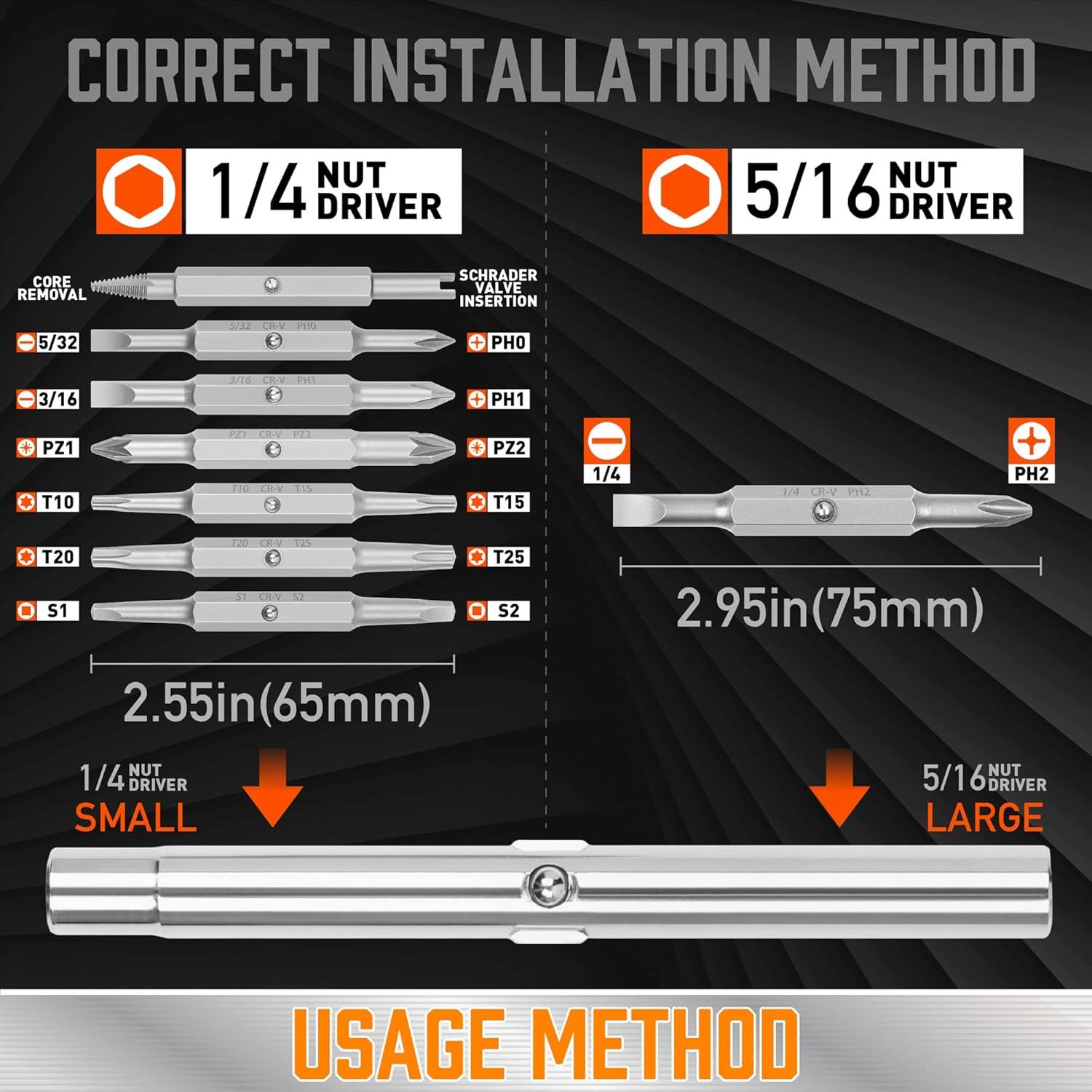 Instructs shoppers on the proper installation method for different nut driver sizes, showing which bits to use with each driver type and their correct dimensions. Demonstrates the product's…