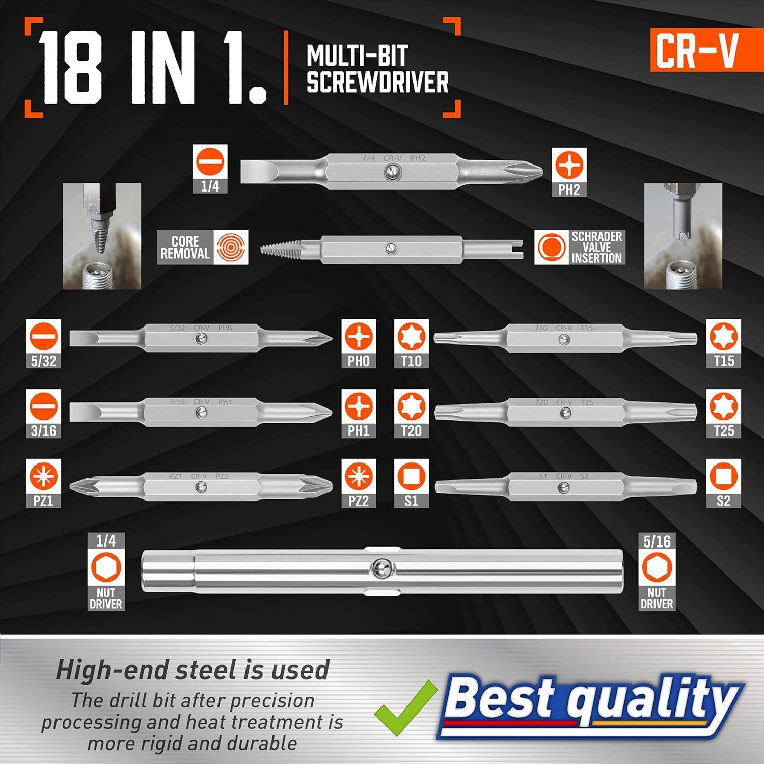 Shows all the different screwdriver bits and tools included in this 18-in-1 multi-bit screwdriver kit, helping shoppers understand the complete set they will receive and the versatility of the tool.