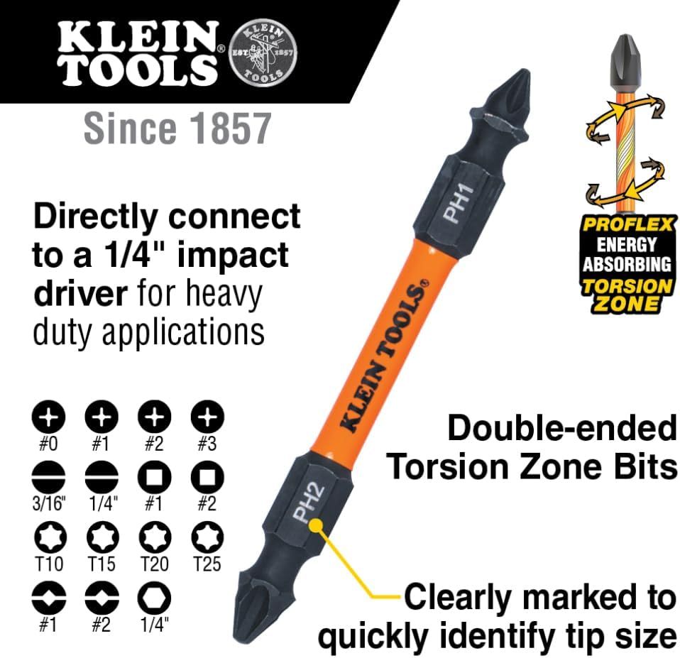 Breaks down the key physical components and features of the double-ended screwdriver bit, highlighting its compatibility with impact drivers, energy-absorbing torsion zone, and clearly marked sizing…