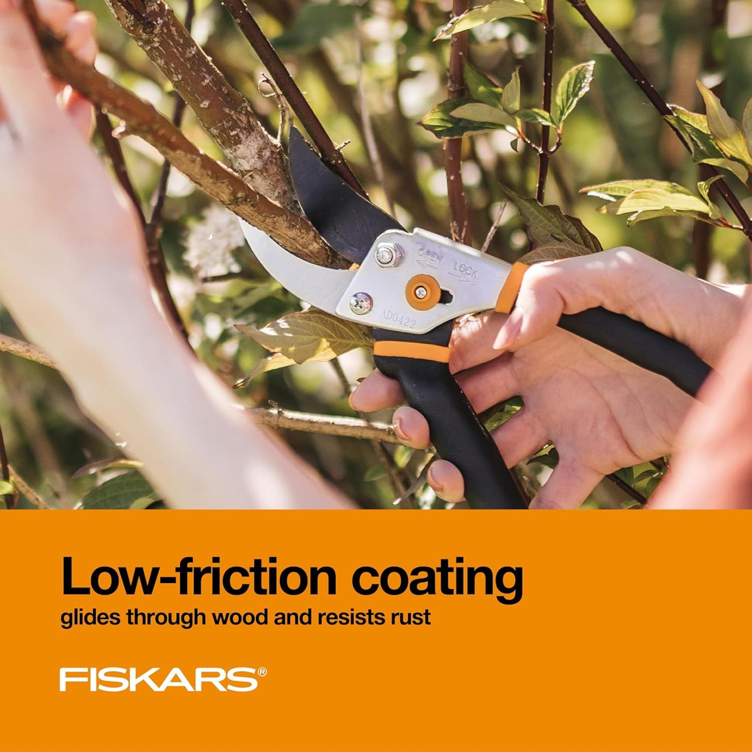 Communicates that the pruning shears have a special low-friction coating that makes cutting easier and prevents rust, reassuring shoppers of durability and smooth performance.