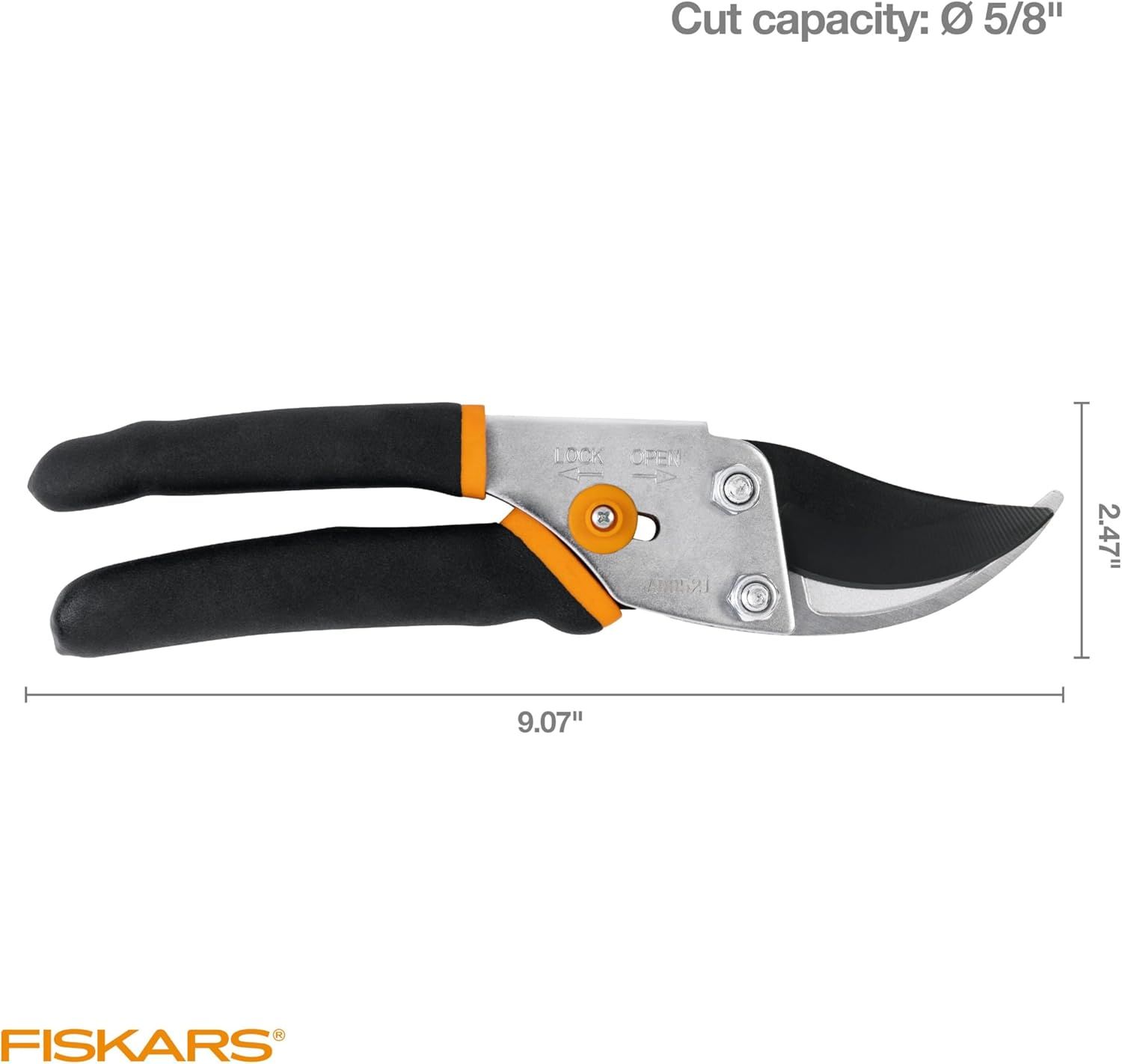 Communicates the exact physical dimensions of the pruning shears (9.07 inches length, 2.47 inches height) and its cutting capacity (5/8 inch diameter) to help shoppers understand the tool's size and…