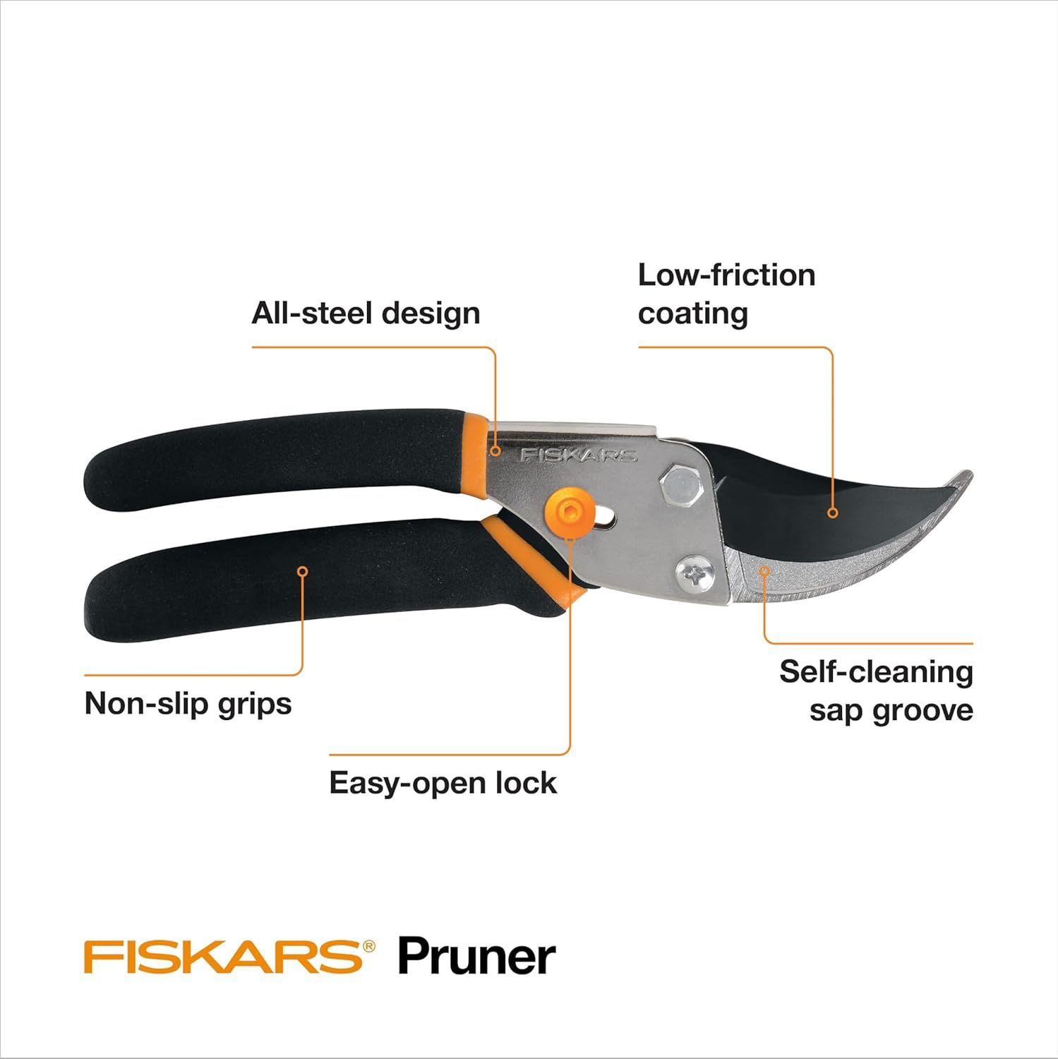 This image breaks down the physical components and construction features of the pruner to help shoppers understand the quality and functionality of each part.