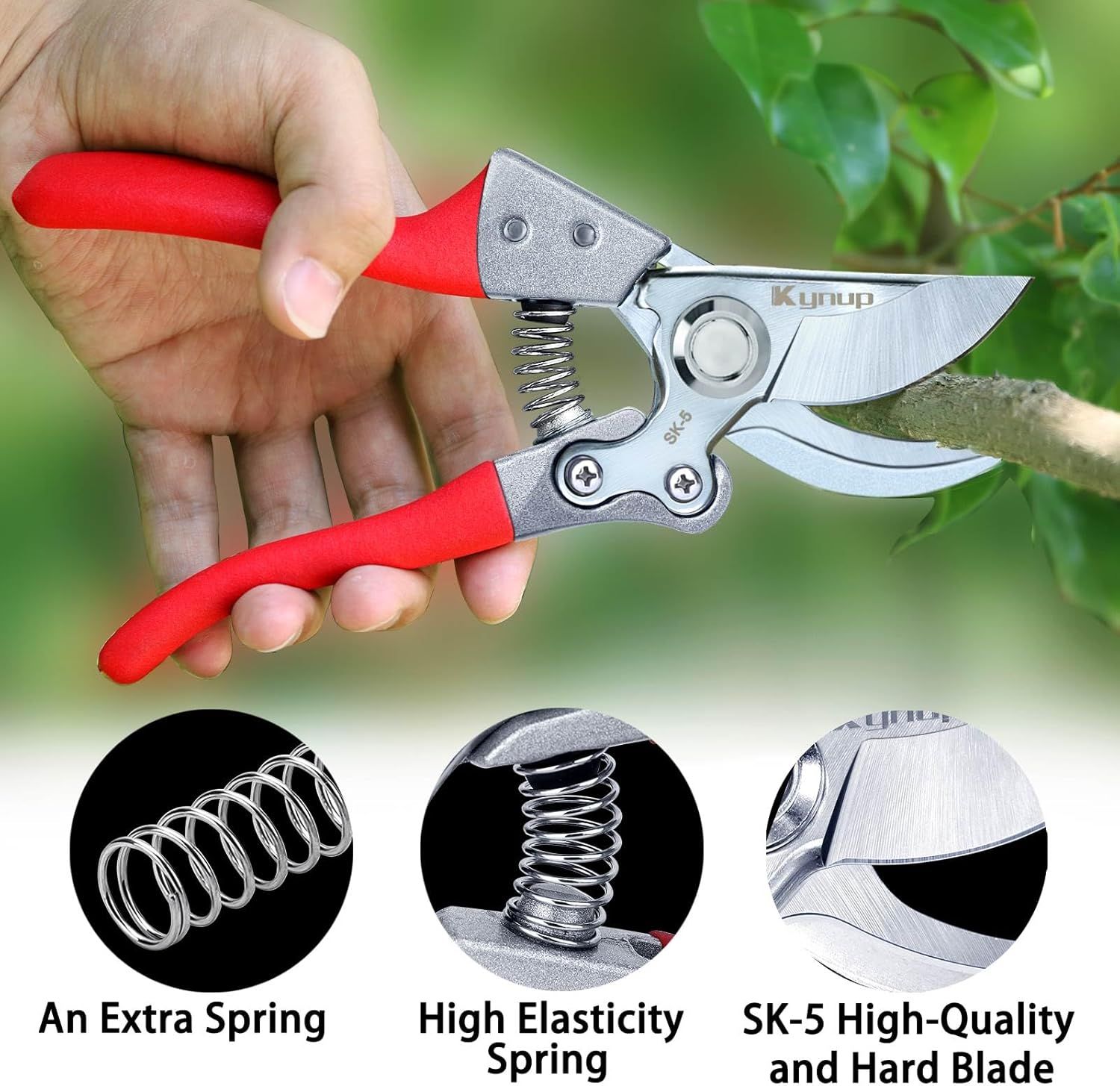 Highlights three distinct product features—an extra spring for backup, a high-elasticity spring mechanism for smooth operation, and a premium SK-5 steel blade—to communicate durability, reliability,…