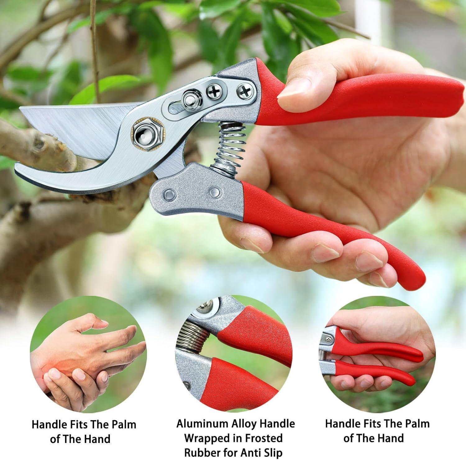 Highlights multiple distinct benefits of the pruning shears including ergonomic palm-fitting design, durable aluminum alloy handle with anti-slip rubber coating, demonstrating comfort and quality…