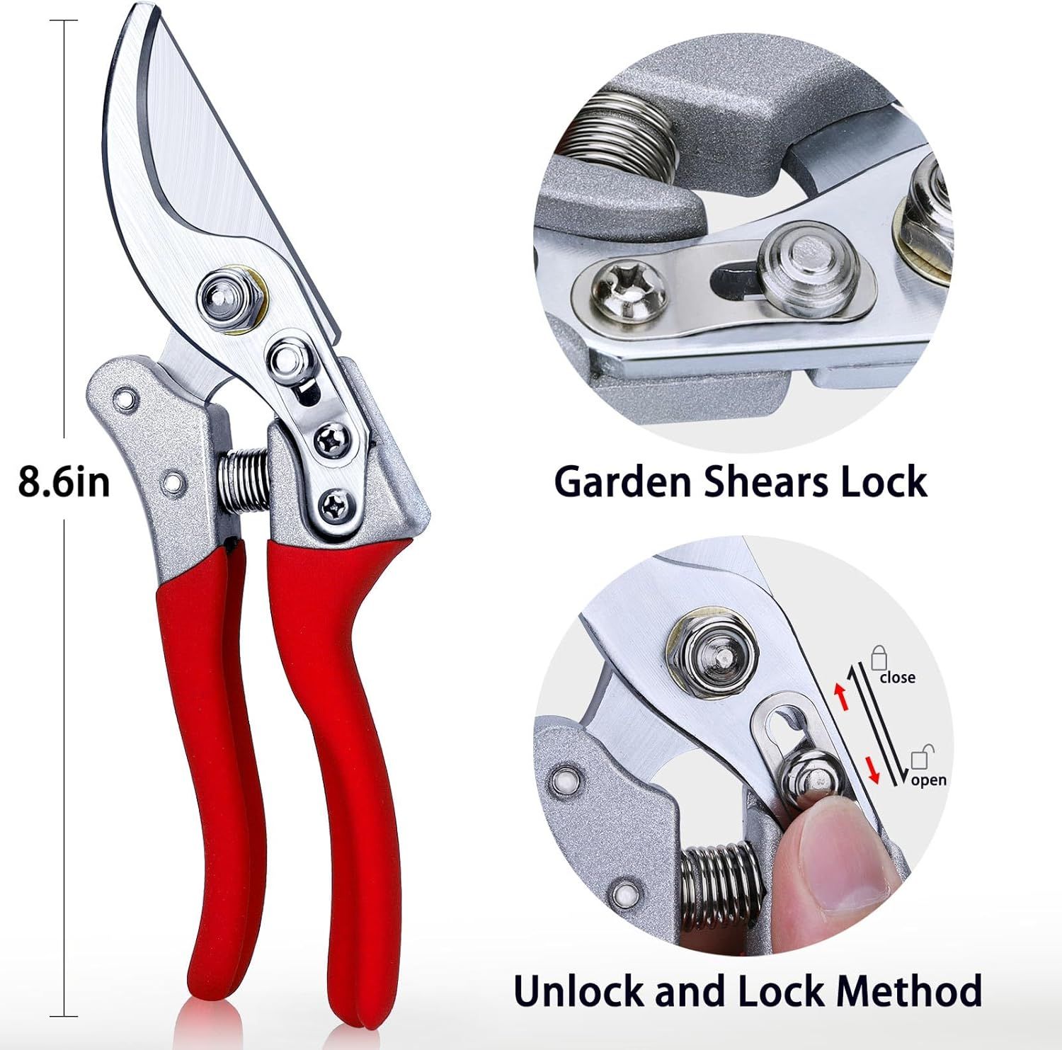 This image breaks down the garden shears by highlighting its key physical components and mechanisms—the locking feature and the lock/unlock method—while also showing the product's 8.6-inch size to…