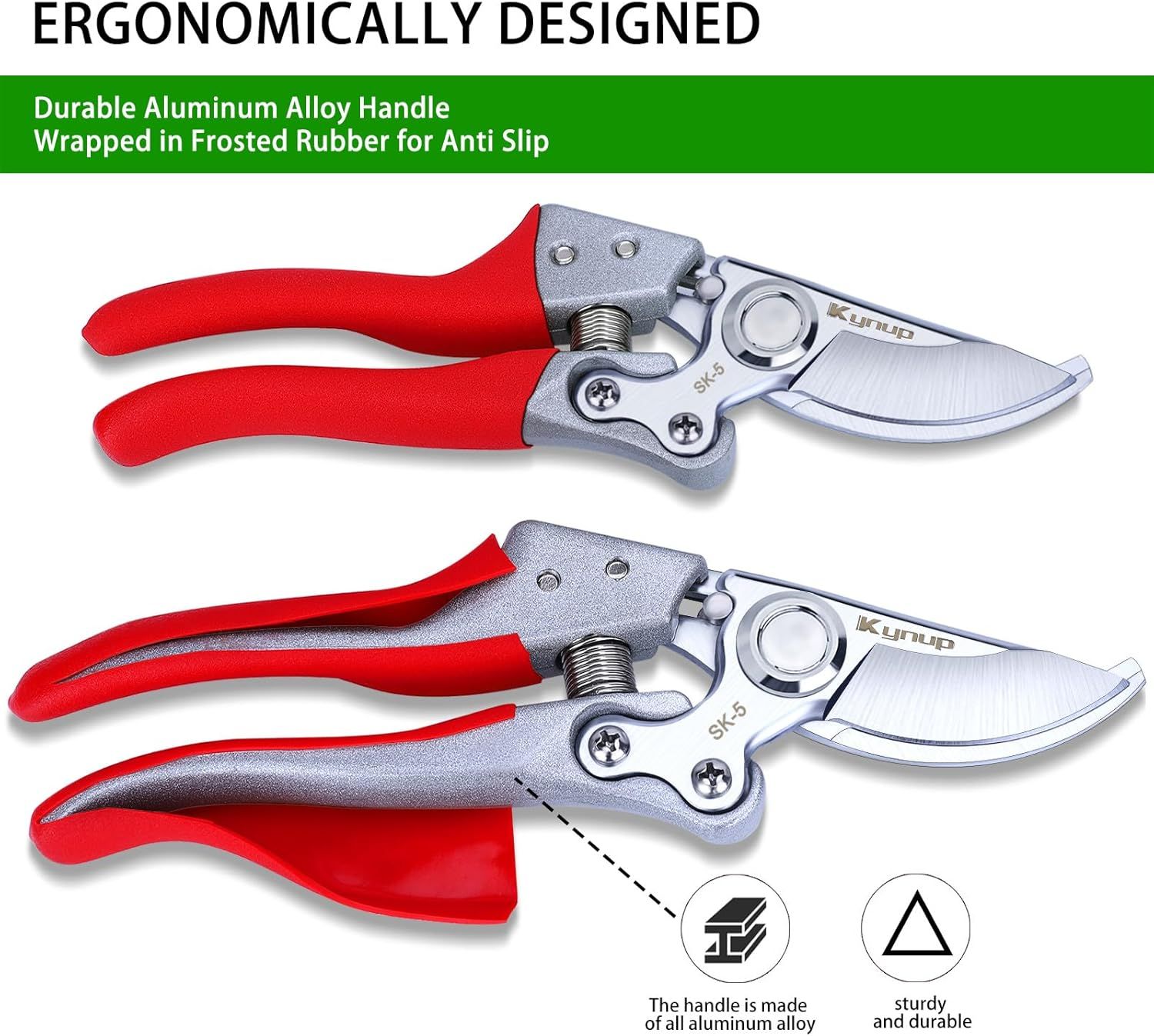 Highlights the physical construction and ergonomic design of the pruning shears, emphasizing the durable aluminum alloy handle wrapped in frosted rubber for anti-slip grip to reassure shoppers of…