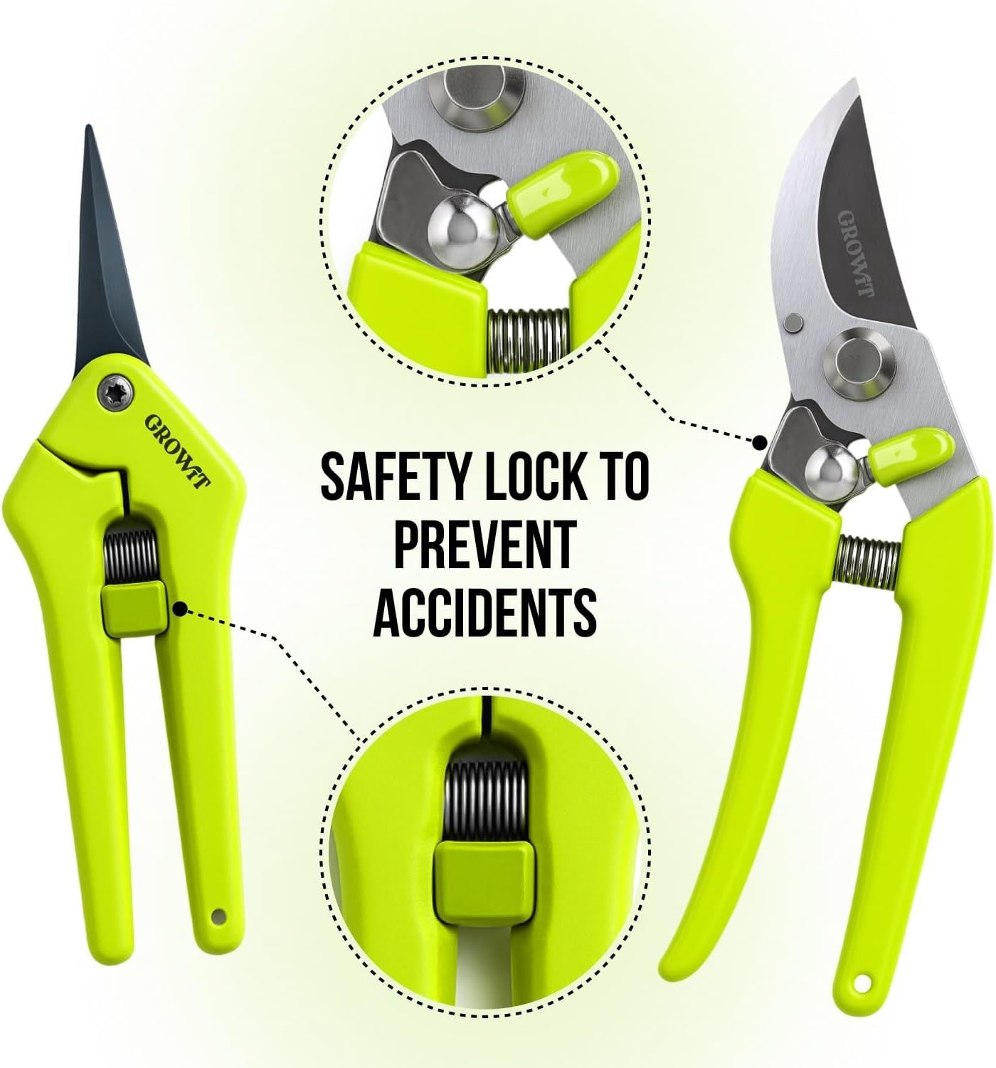 Highlights the safety lock feature on the gardening shears to reassure shoppers that the product includes a mechanism to prevent accidental opening and injuries during storage or handling.…