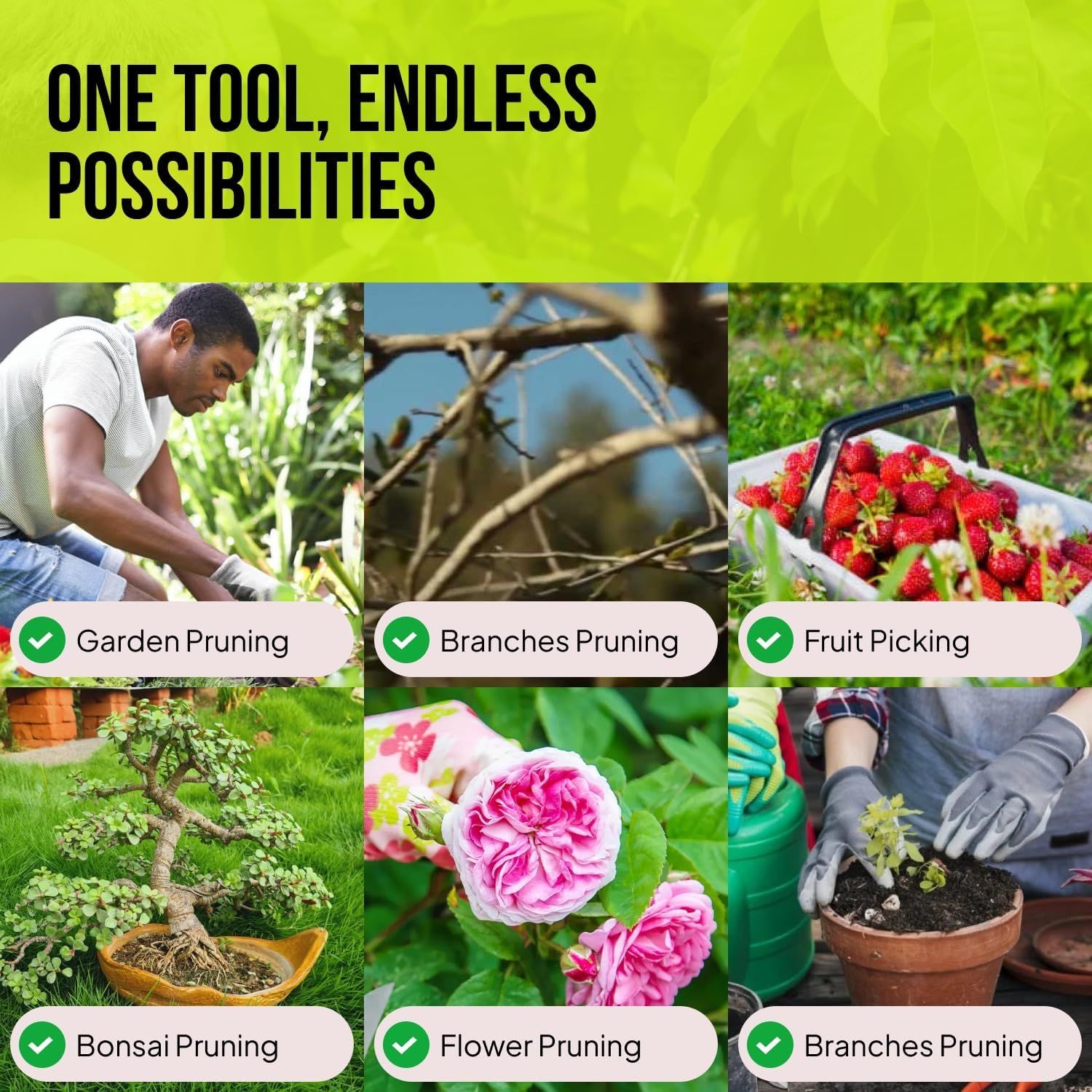 Demonstrates the versatility of the tool by showing six different gardening applications, reassuring shoppers that one tool can handle multiple tasks.