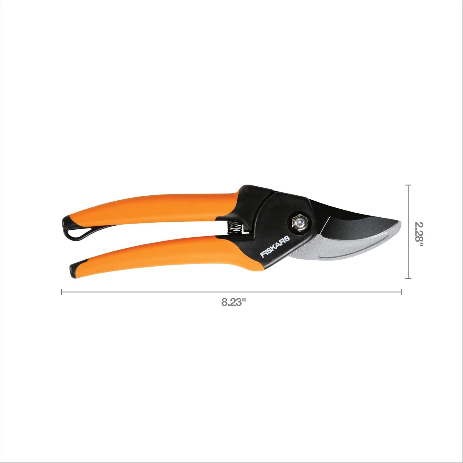Communicates the exact physical size of the pruning shears (8.23 inches length, 2.28 inches height) to help shoppers understand the tool's dimensions before purchase.