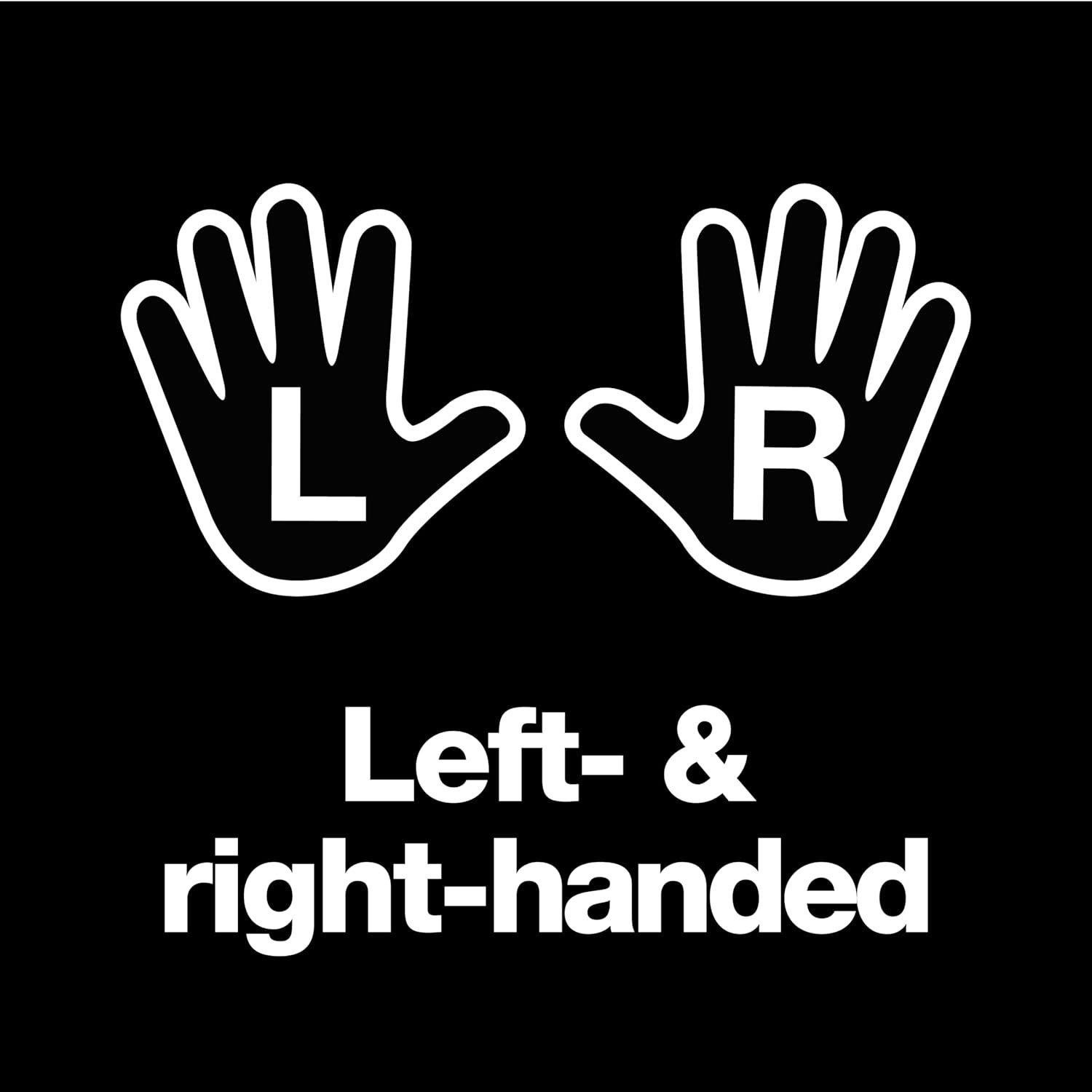 Communicates that the product is designed for both left-handed and right-handed users, emphasizing inclusivity and universal usability.