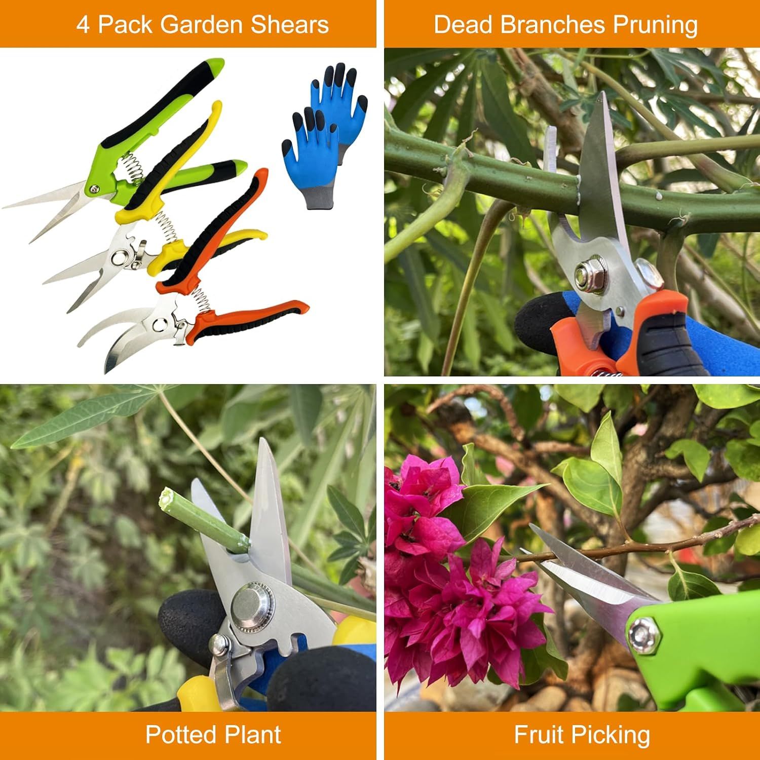 Demonstrates the versatility of the garden shears by showing multiple real-world gardening applications, reassuring shoppers that the product can handle various pruning and trimming tasks. Shows…