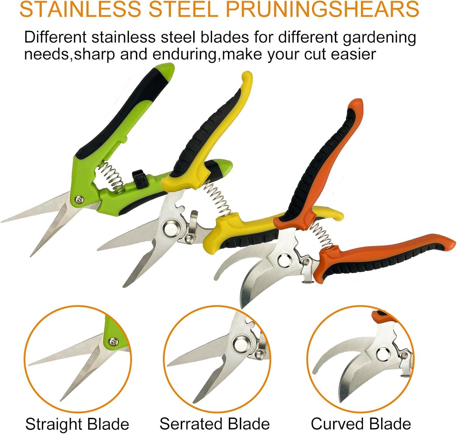 Showcases the brand's product lineup by displaying three different pruning shear blade types (straight, serrated, curved) to help shoppers understand the variety available and choose the right tool…