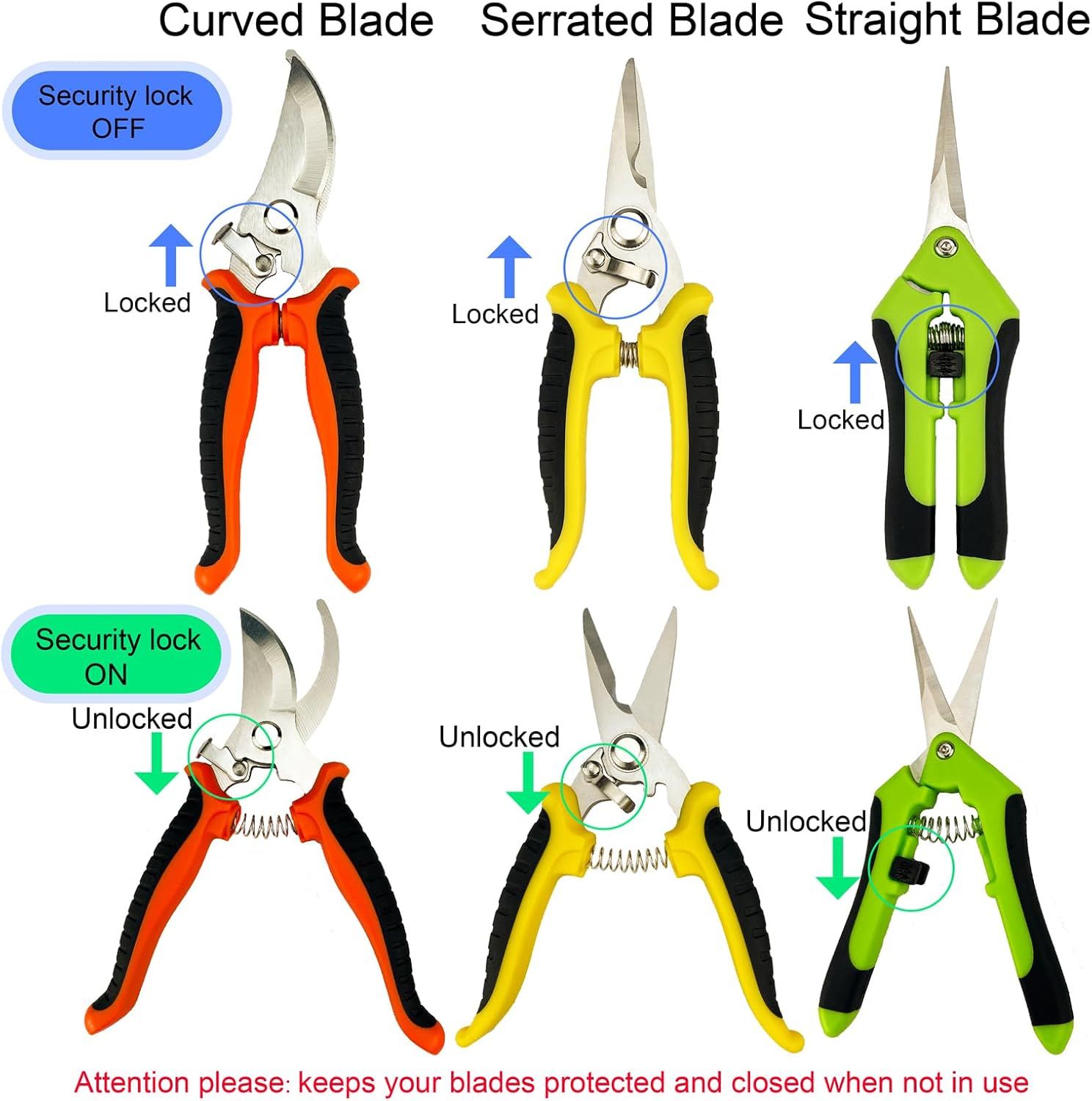 Demonstrates how to operate the security lock mechanism on three different pruning shear models, showing locked and unlocked positions to ensure safe storage and usage. Breaks down the physical…