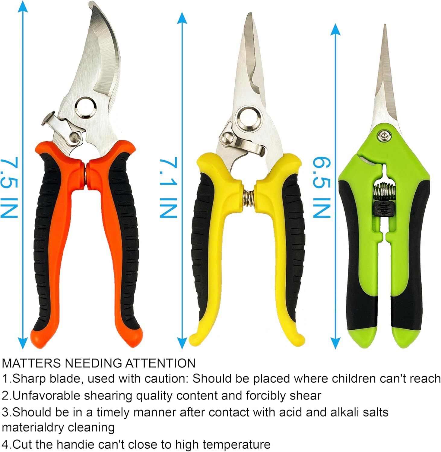 Shows the physical dimensions of three different pruning shears (7.5 IN, 7.1 IN, and 6.5 IN) to help shoppers understand the size options available and choose the right tool for their needs.…