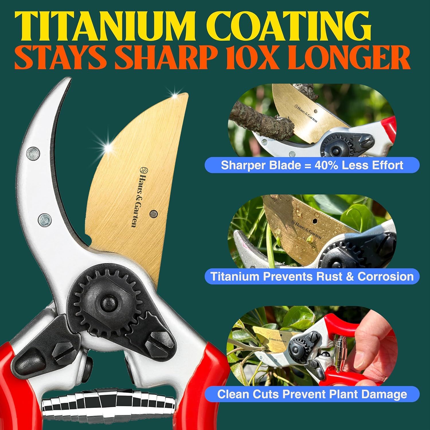 Communicates multiple benefits of the titanium-coated blade through a segmented layout: stays sharp 10x longer with 40% less effort, prevents rust and corrosion, and delivers clean cuts to prevent…