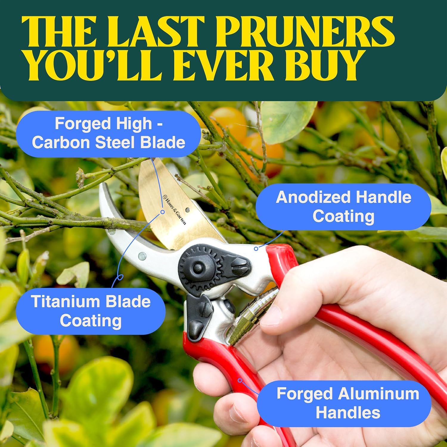 Breaks down the pruner's physical components and materials to demonstrate quality construction and premium materials used throughout the tool.