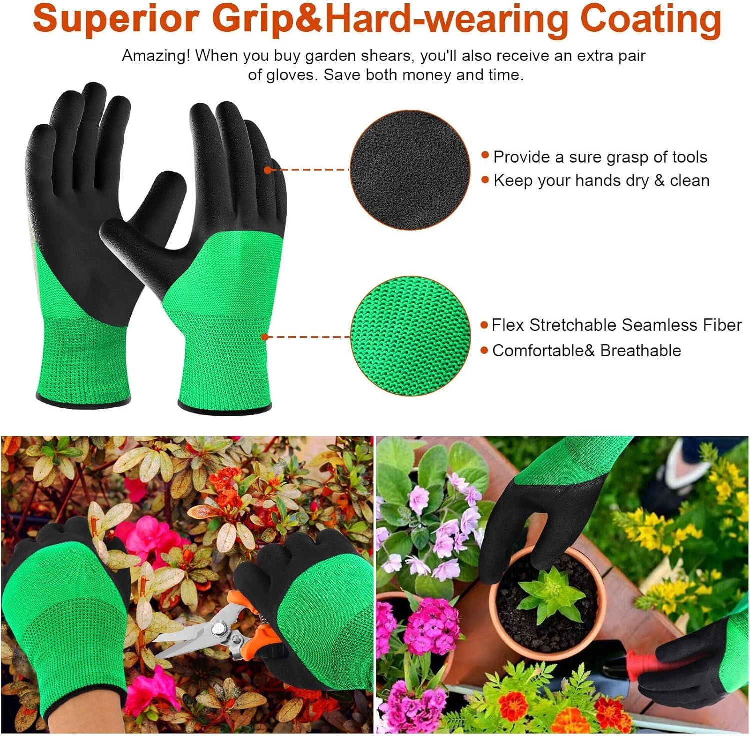 This image breaks down the physical components of the garden gloves, highlighting the hard-wearing coating for grip and the stretchable fiber material for comfort, helping shoppers understand the…