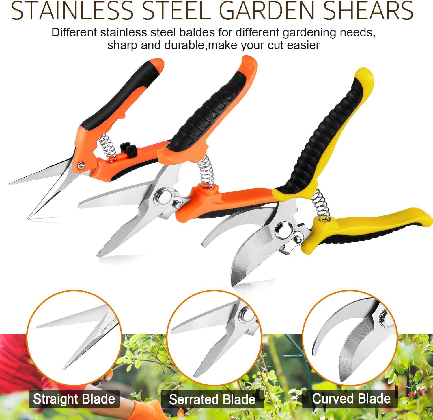 Breaks down the different blade types (straight, serrated, curved) available in the garden shears set to help shoppers understand which blade is suited for different gardening tasks. Showcases…