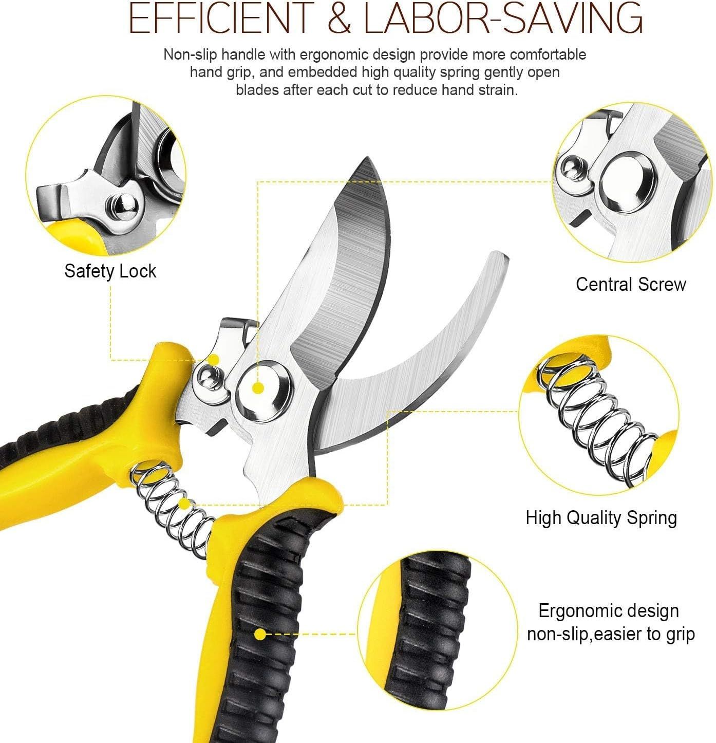 This image breaks down the physical components of the pruning shears to show shoppers the quality construction and thoughtful design features that make the tool efficient and comfortable to use.