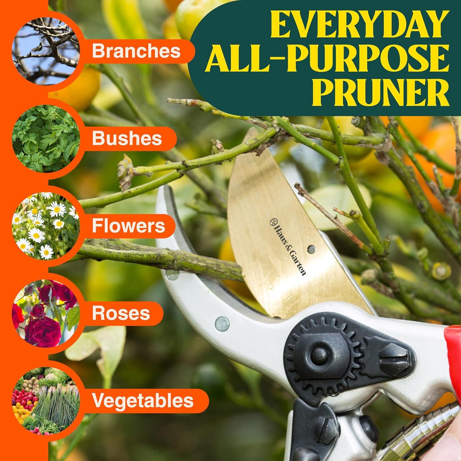 Demonstrates the versatility of the pruner by showing it can be used across multiple gardening applications, reassuring shoppers that this is a multi-purpose tool suitable for various pruning tasks.