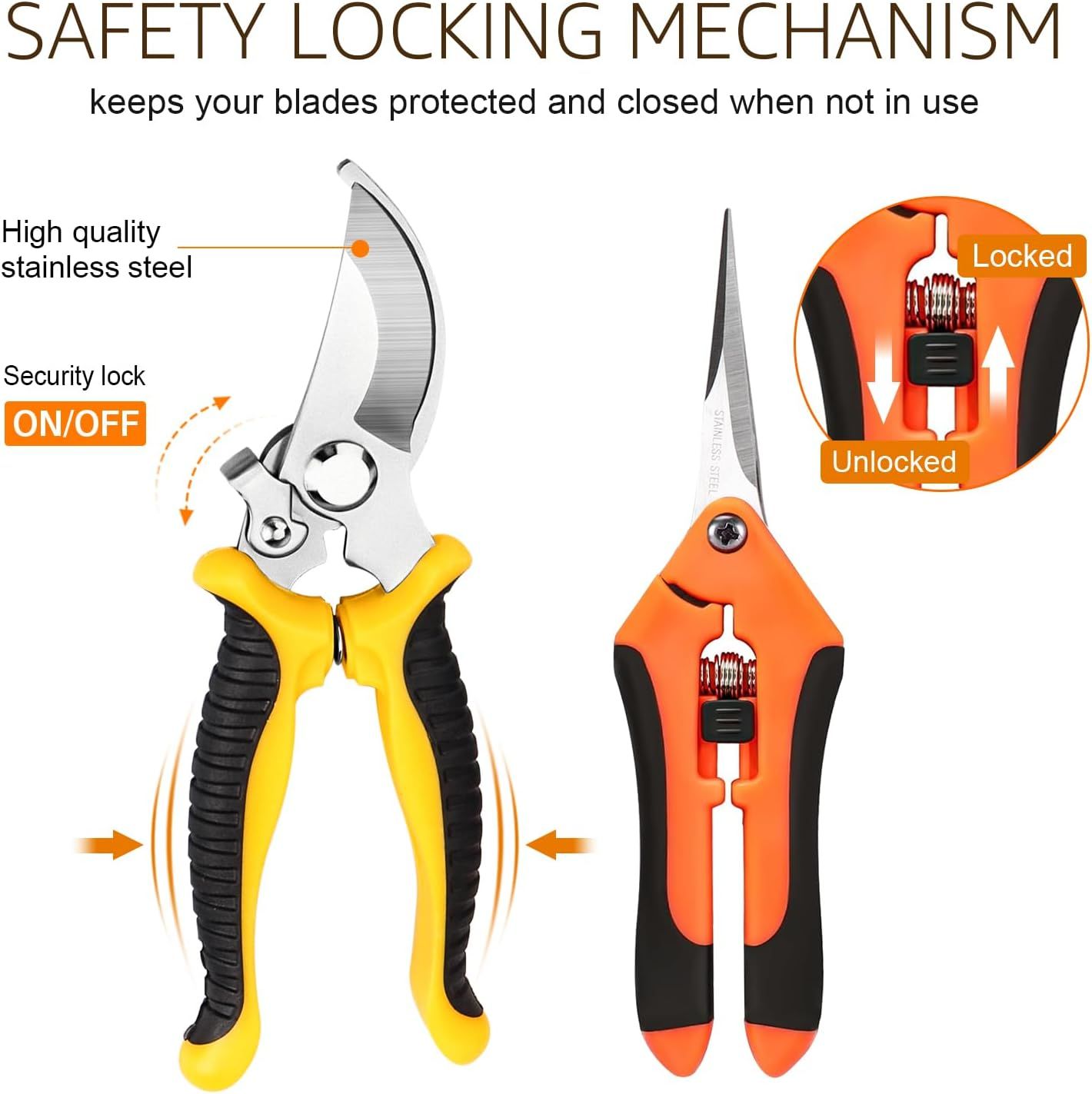This image breaks down the physical components and safety features of the pruning shears, highlighting the locking mechanism, stainless steel blade construction, and security lock functionality to…