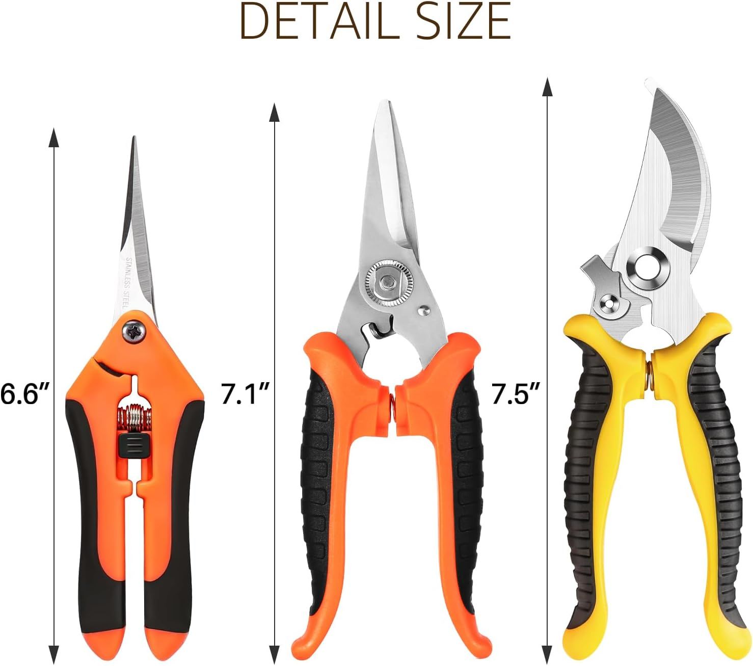 Communicates the exact physical size of three different pruning shears/scissors to help shoppers understand and compare the dimensions of each tool before purchase.