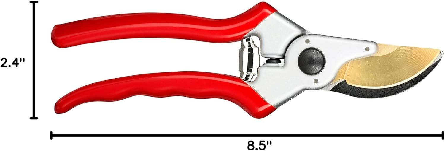 Communicates the exact physical size of the pruning shears (8.5 inches long, 2.4 inches wide) to help shoppers understand the tool's scale and whether it fits their needs.