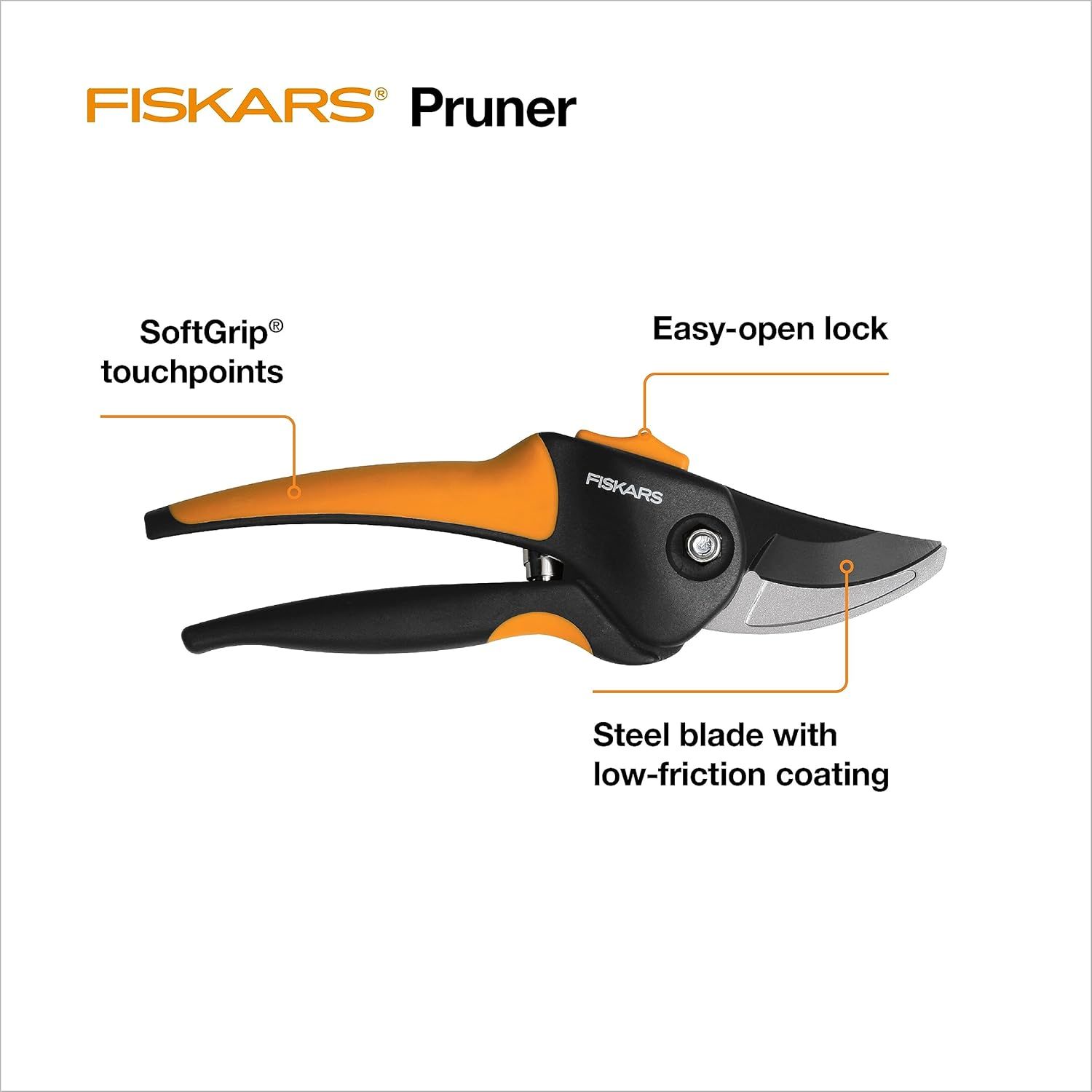 Breaks down the key physical components and features of the Fiskars pruner to help shoppers understand the product's construction and functional design elements.