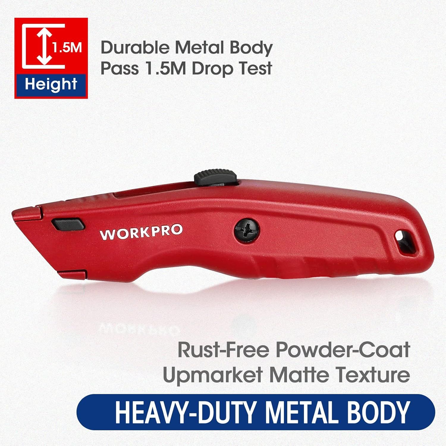 Communicates multiple durability and quality benefits of the metal utility knife, including its ability to withstand 1.5M drops, rust-free coating, and heavy-duty construction to reassure buyers of…