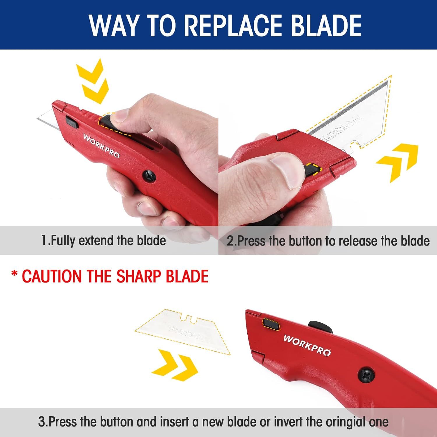 Provides step-by-step visual instructions on how to safely replace the blade on the utility knife, reassuring shoppers that maintenance is simple and straightforward.