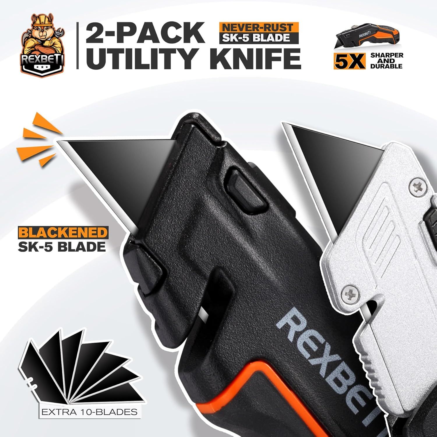 Shows the customer everything included in the purchase: two utility knives (one black, one silver) plus 10 extra replacement blades, emphasizing the value and completeness of the kit.