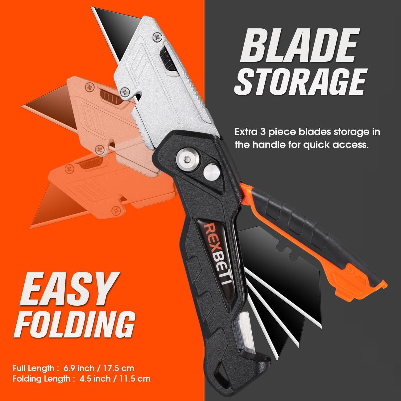 Communicates multiple key benefits of the utility knife including built-in blade storage for convenience, easy folding mechanism, and compact dimensions to reassure shoppers of its practicality and…