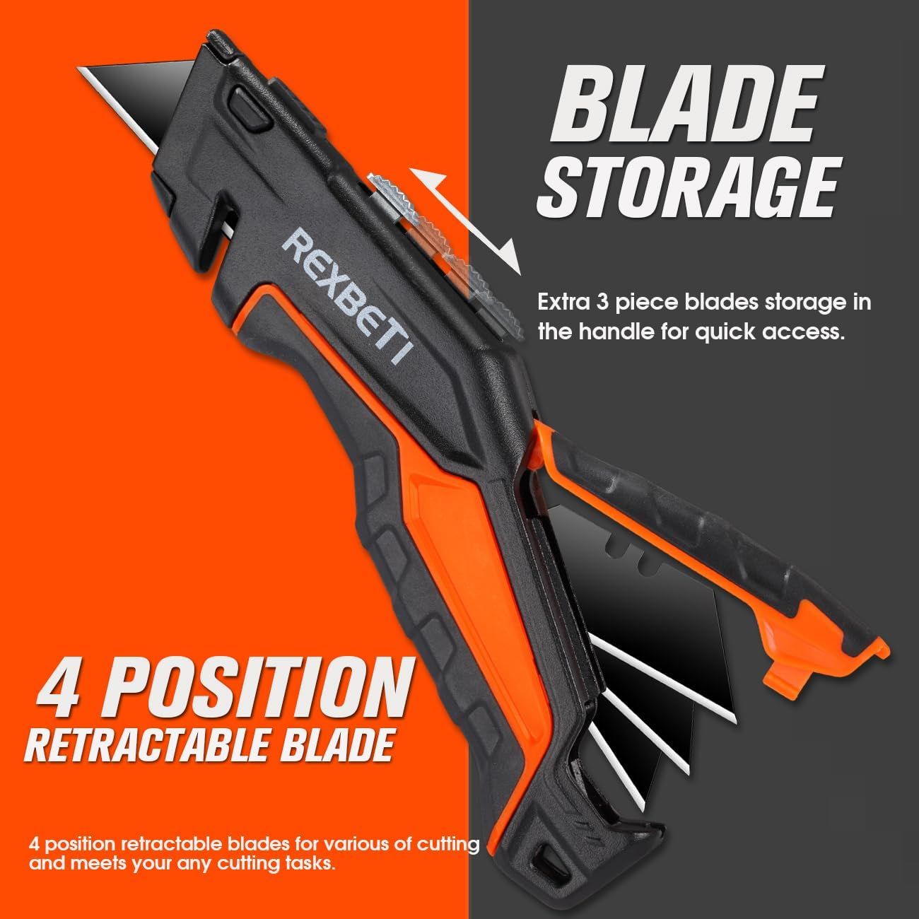 Communicates two distinct product benefits in a segmented layout: the blade storage feature for convenience and the 4-position retractable blade for versatility in cutting tasks.