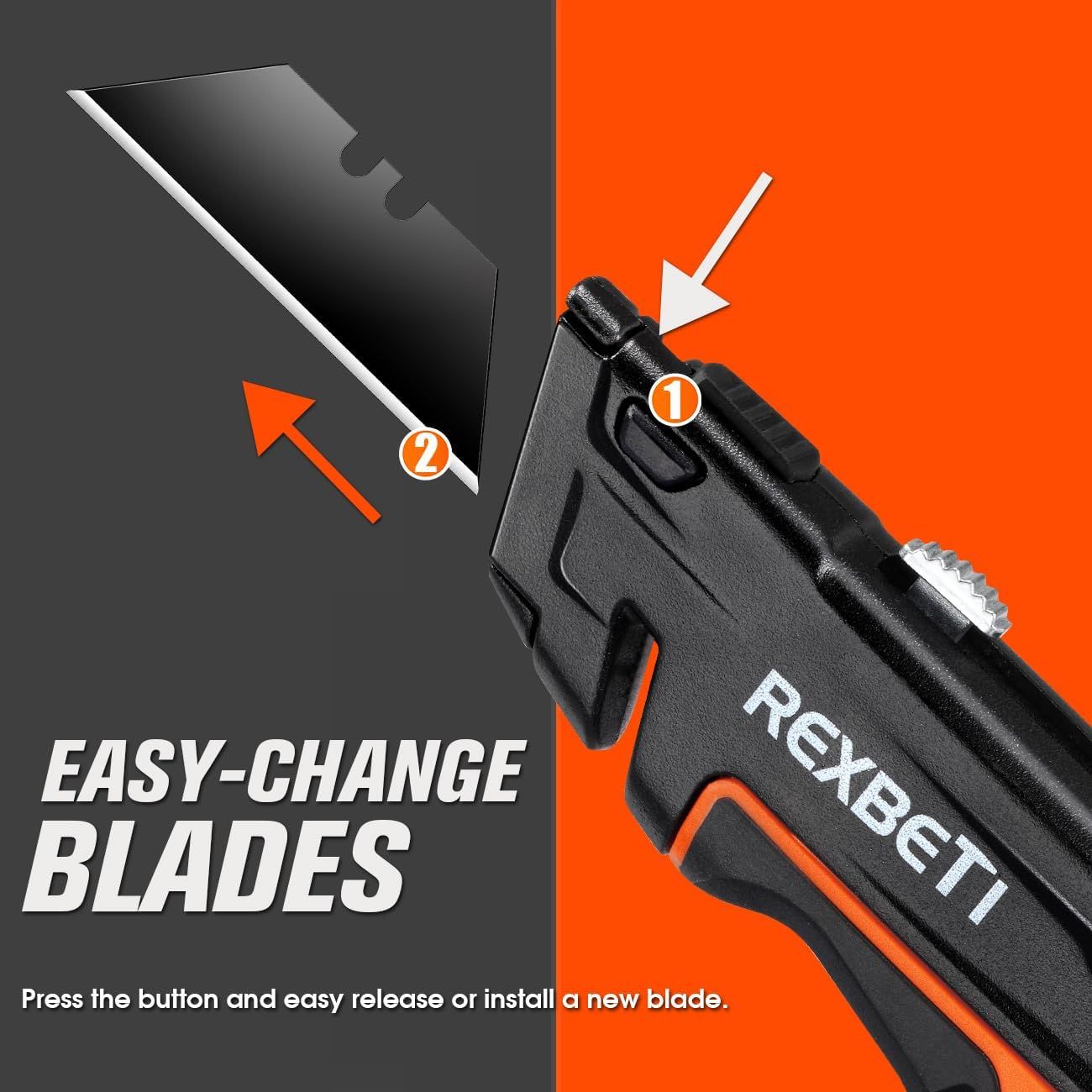 Demonstrates the simple two-step process for changing blades on the utility knife, reassuring shoppers that blade replacement is quick and hassle-free. Highlights the convenience of the easy…