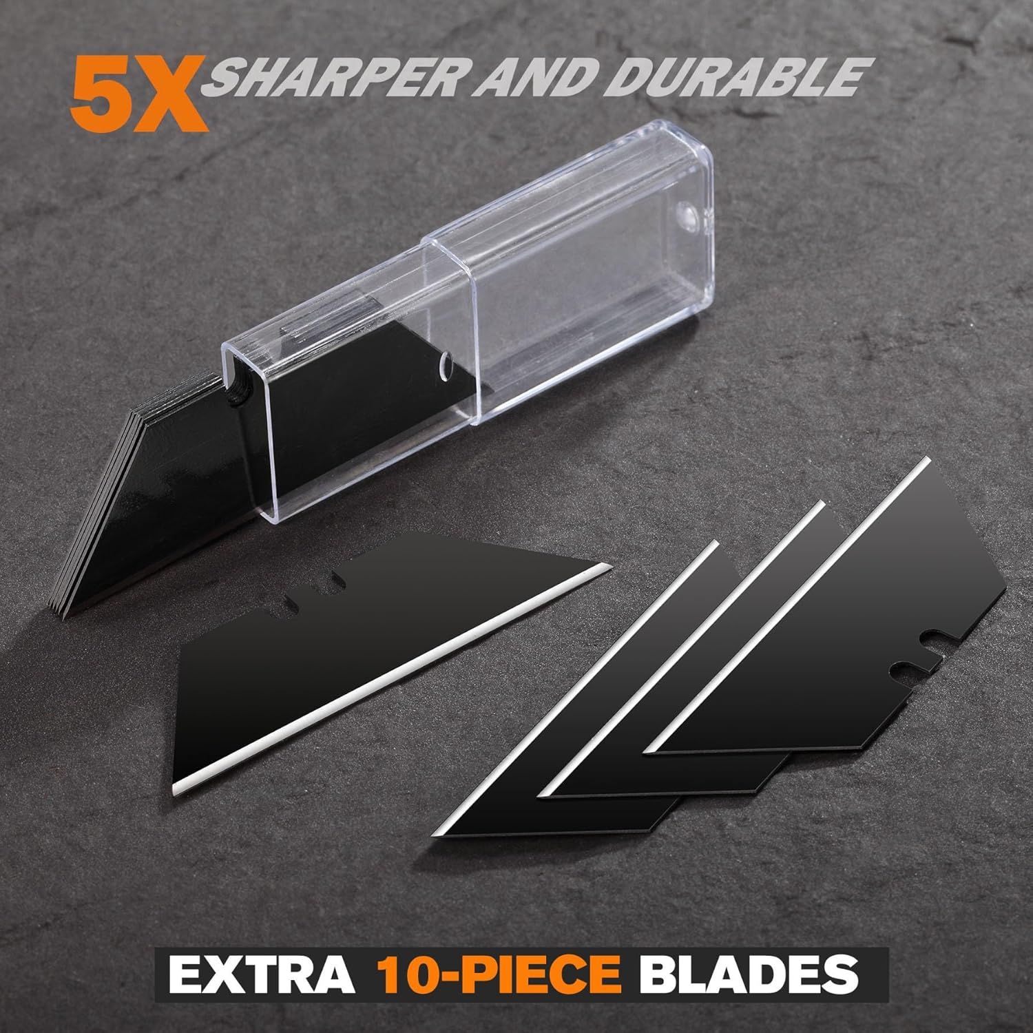 Communicates a quantifiable performance claim that the blades are 5 times sharper and more durable than standard alternatives, reassuring shoppers of superior cutting performance and longevity.…