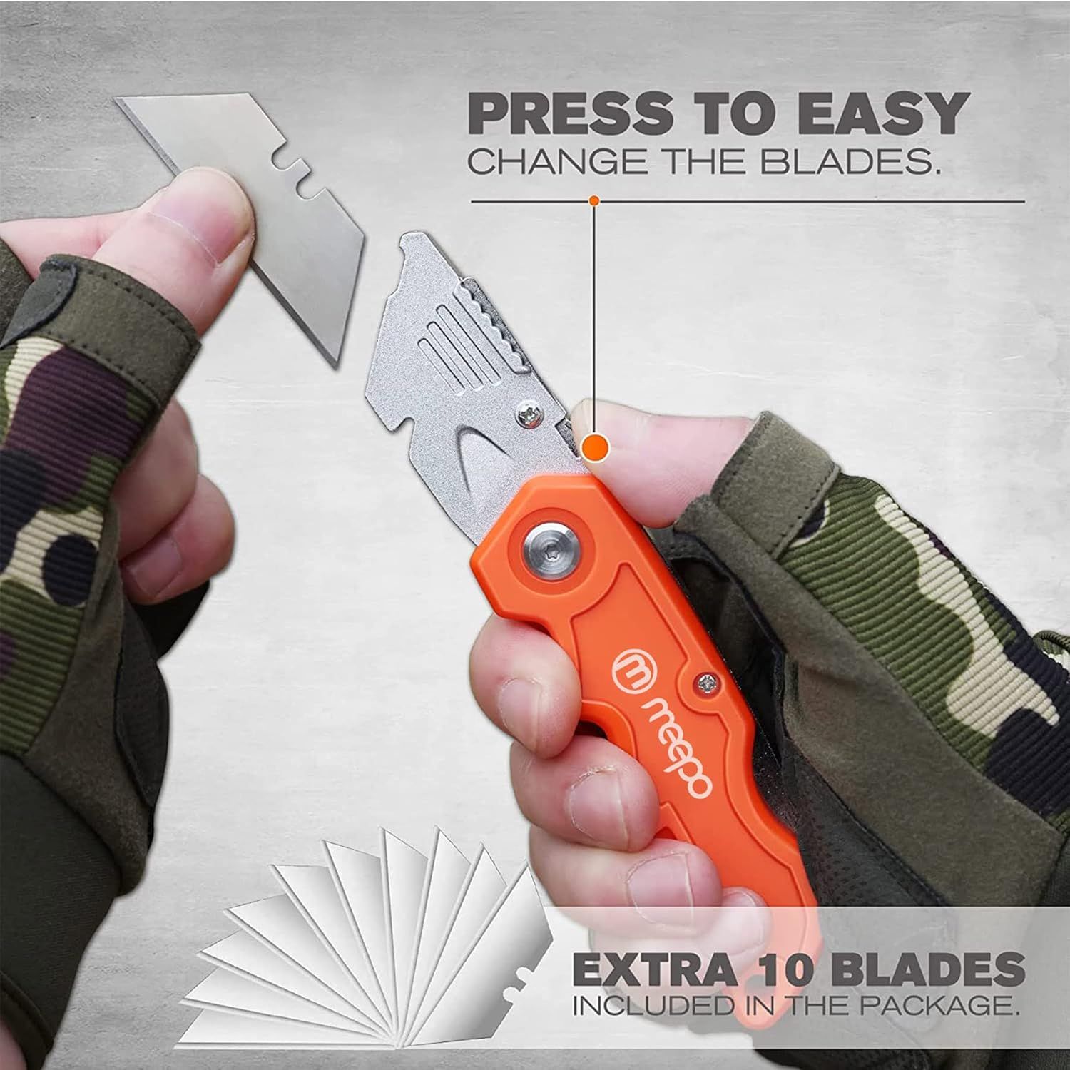 Demonstrates how simple it is to change the blades by pressing a button, reassuring shoppers that blade replacement is quick and effortless. Informs shoppers that the package includes 10 additional…