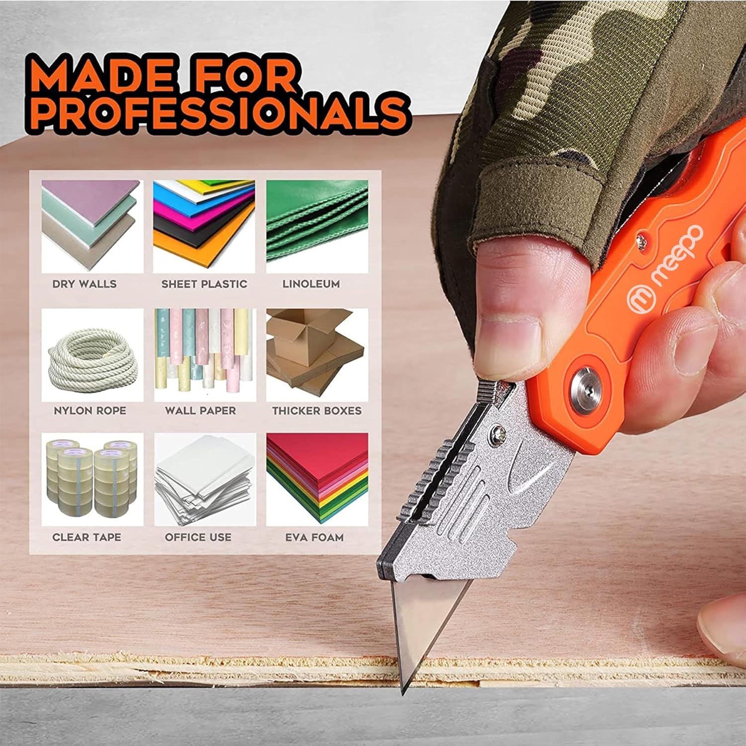 Demonstrates the utility knife's versatility by showing it can cut through 9+ different professional materials including dry walls, sheet plastic, linoleum, nylon rope, wallpaper, thicker boxes,…