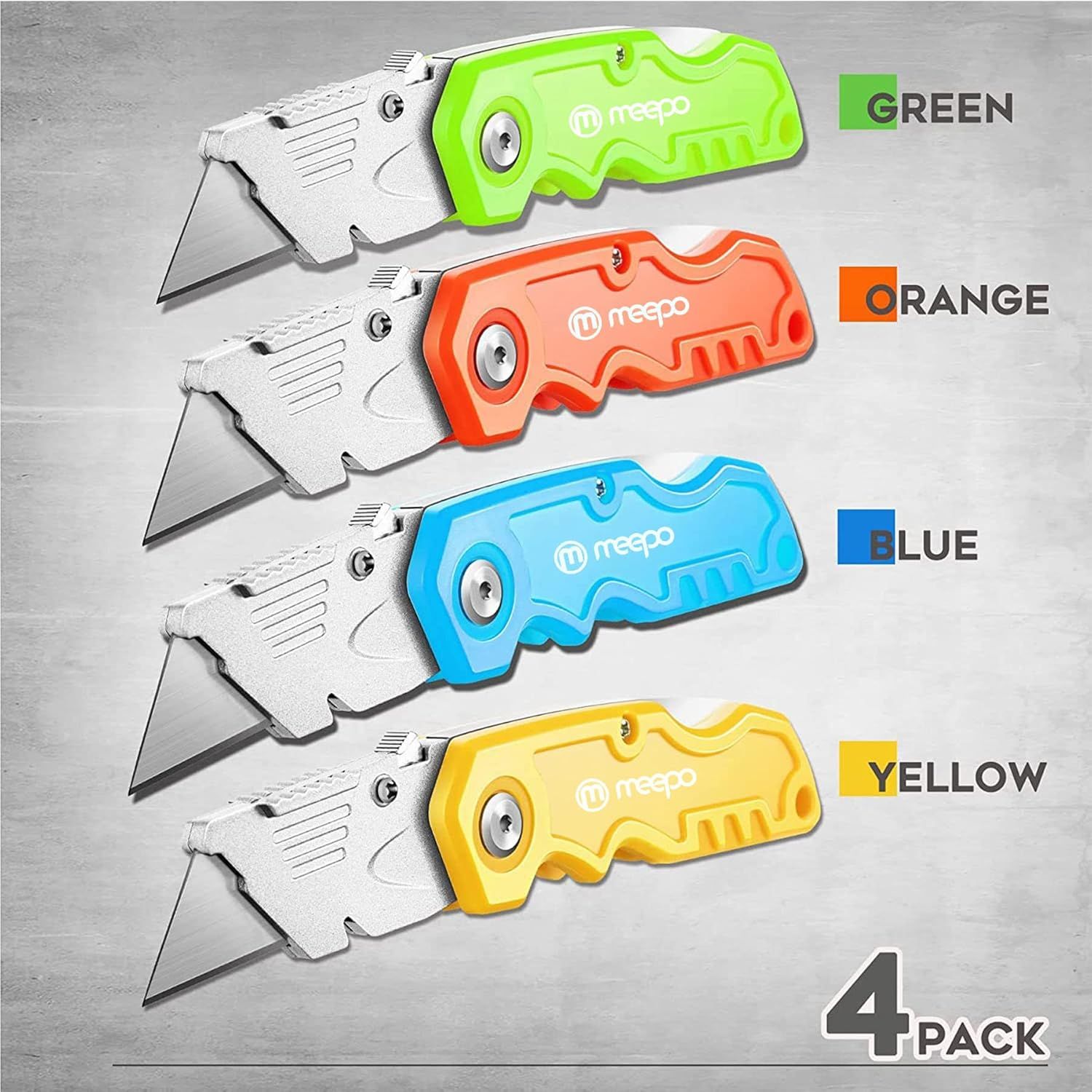 Displays the brand's product lineup showing all four available color options (green, orange, blue, yellow) to help shoppers choose their preferred variant.