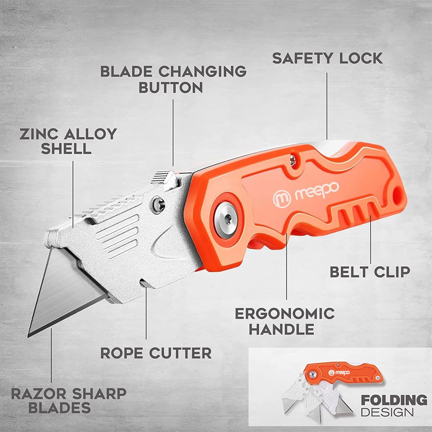 This image breaks down the utility knife's physical components and structural features to help shoppers understand the product's construction, safety mechanisms, and functional parts.