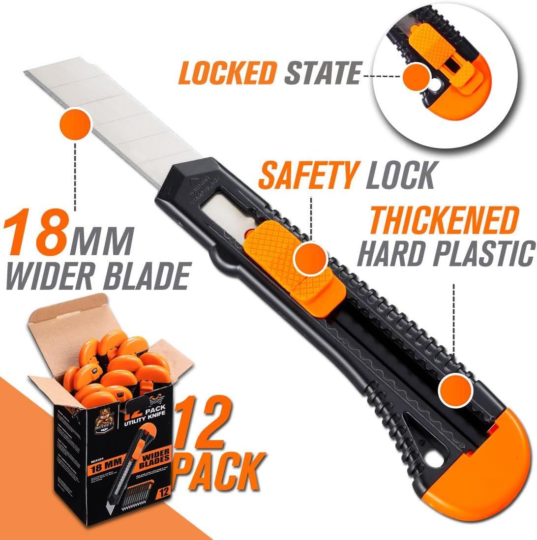 Communicates multiple distinct product benefits in a segmented layout to show shoppers the utility knife's superior blade width, safety features, durable construction, and bulk value.