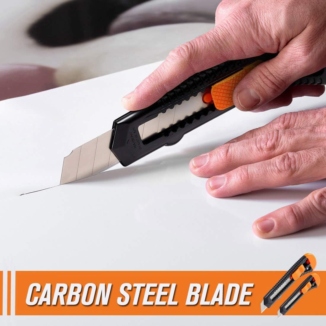 Highlights the carbon steel blade material to communicate durability and cutting performance, reassuring shoppers of the product's quality and effectiveness.