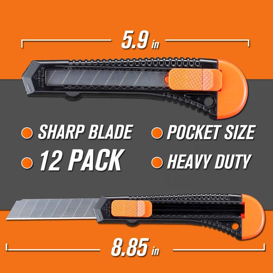 Communicates the exact physical dimensions of the utility knives (5.9 inches and 8.85 inches) to help shoppers understand the product size and portability. Highlights multiple key selling benefits…