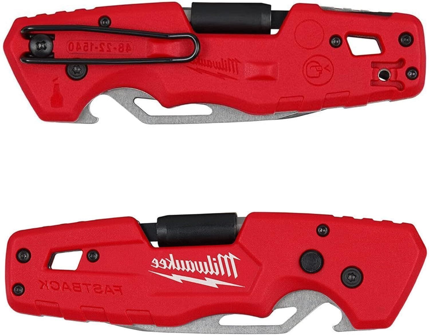 Provides a clean, catalog-style view of the Milwaukee utility knife from both sides, allowing shoppers to see the product's design, branding, and physical features without distractions.