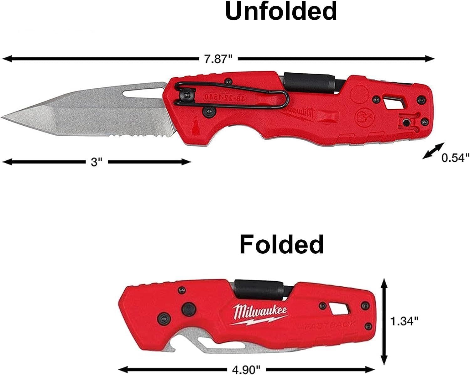 Communicates the exact physical dimensions of the knife in both unfolded and folded states, helping shoppers understand its portability and storage size.