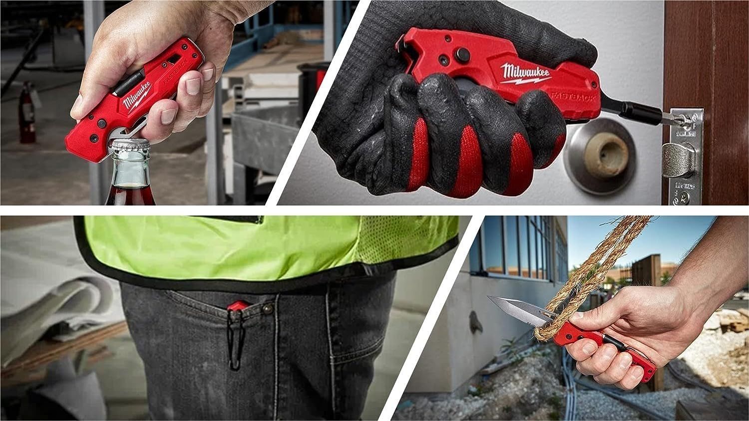 Demonstrates the product's versatility by showing four distinct real-world applications: opening bottles, fastening hardware, portability via pocket clip, and cutting rope, reassuring shoppers this…