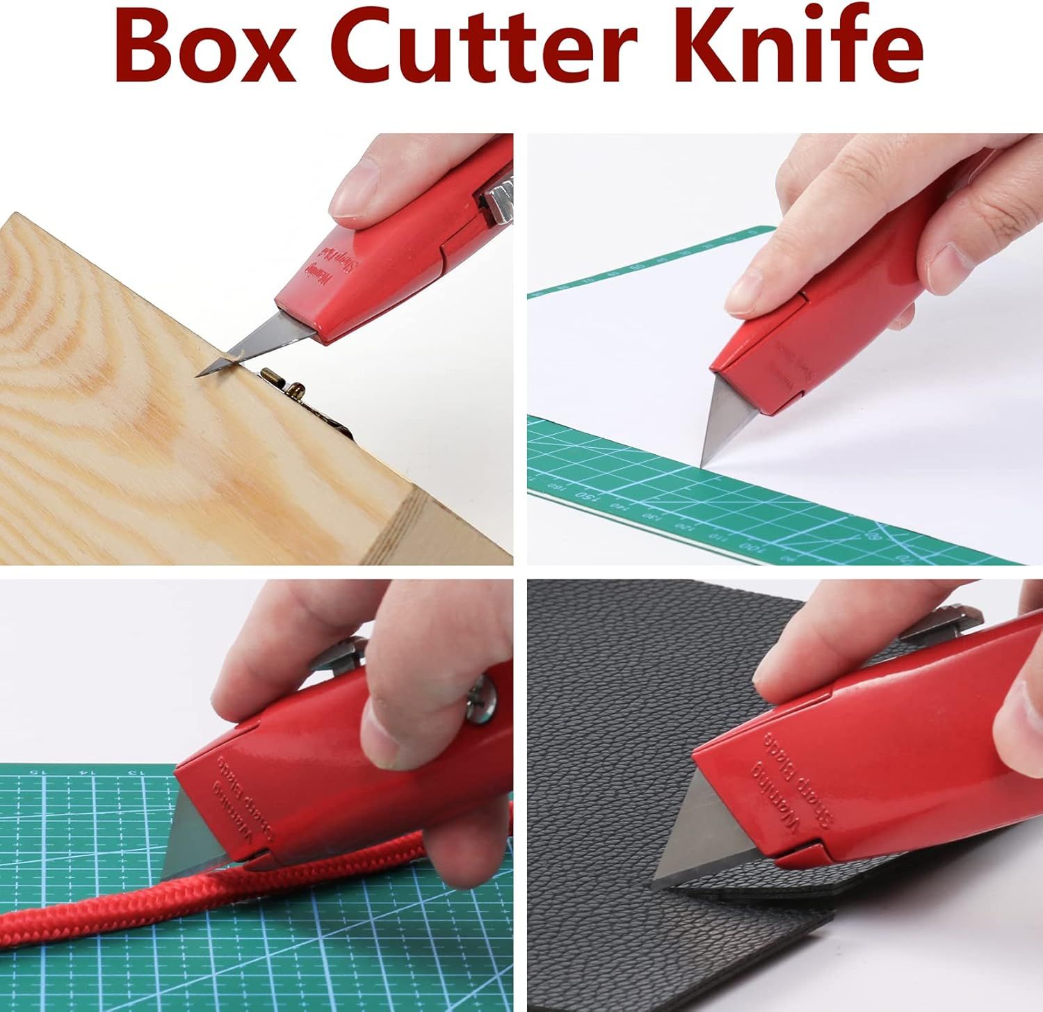 Demonstrates the versatility of the box cutter knife by showing it can cut through various materials including cardboard boxes, paper, rope, and fabric in different real-world scenarios.
