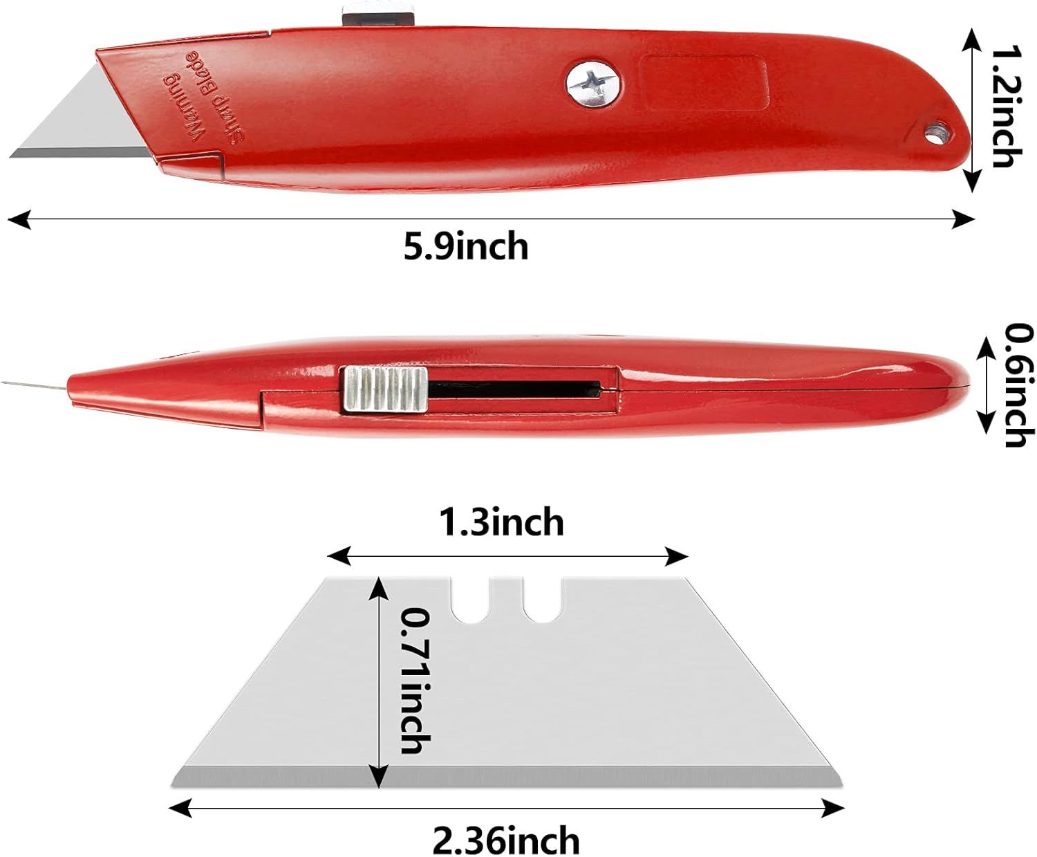 Communicates the exact physical dimensions of the utility knife and blade to help shoppers understand the product's size and portability.