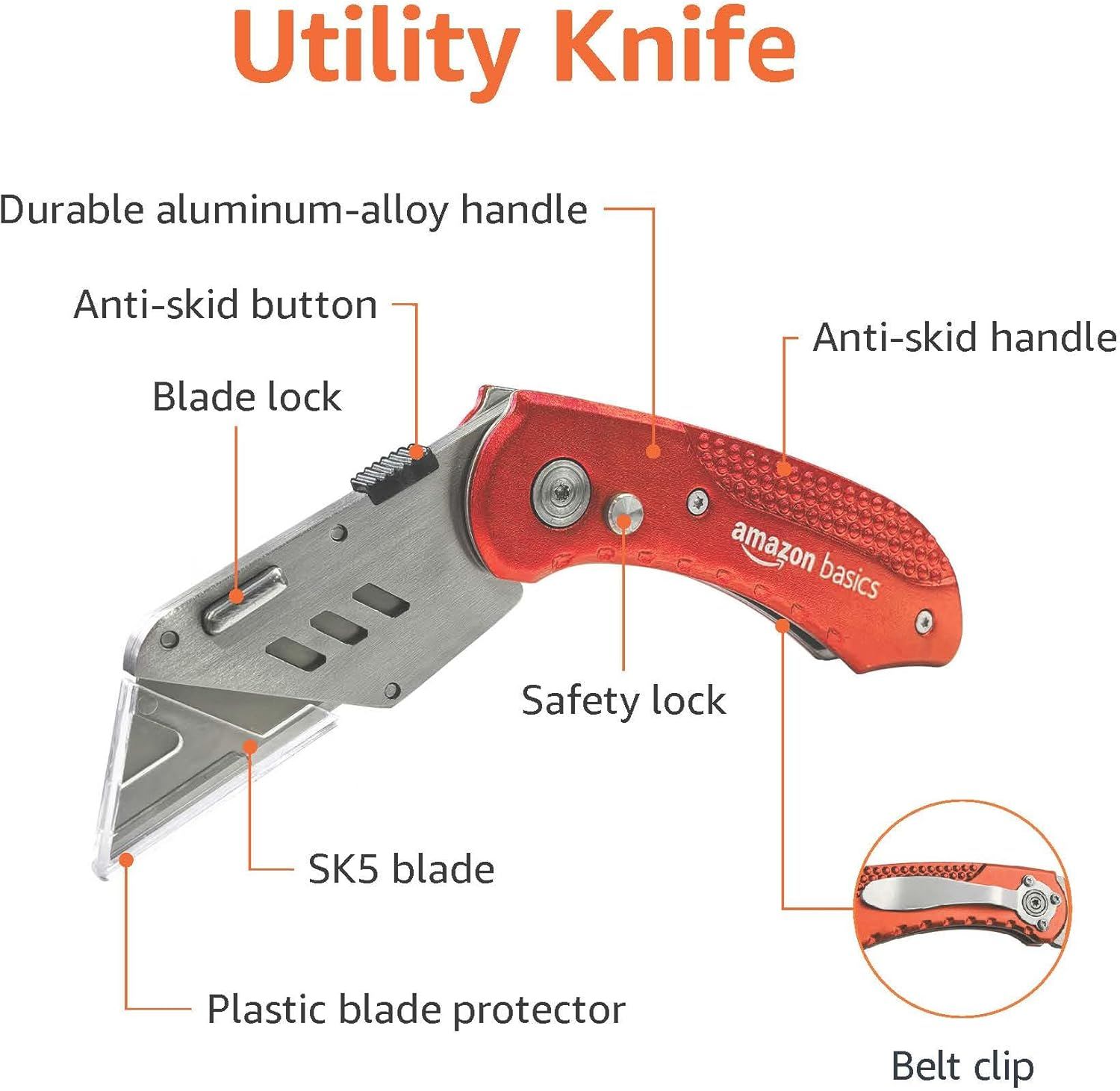 This image breaks down the utility knife's physical components and structural features to help shoppers understand what the product is made of and how each part functions for safe and effective use.